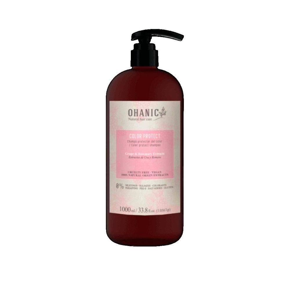 Goldwell Ohanic Color Protect Shampooing. Flasche mit schwarzem Pumpkopf und rosa Etikett. Text: Color Protect, 1000ml.