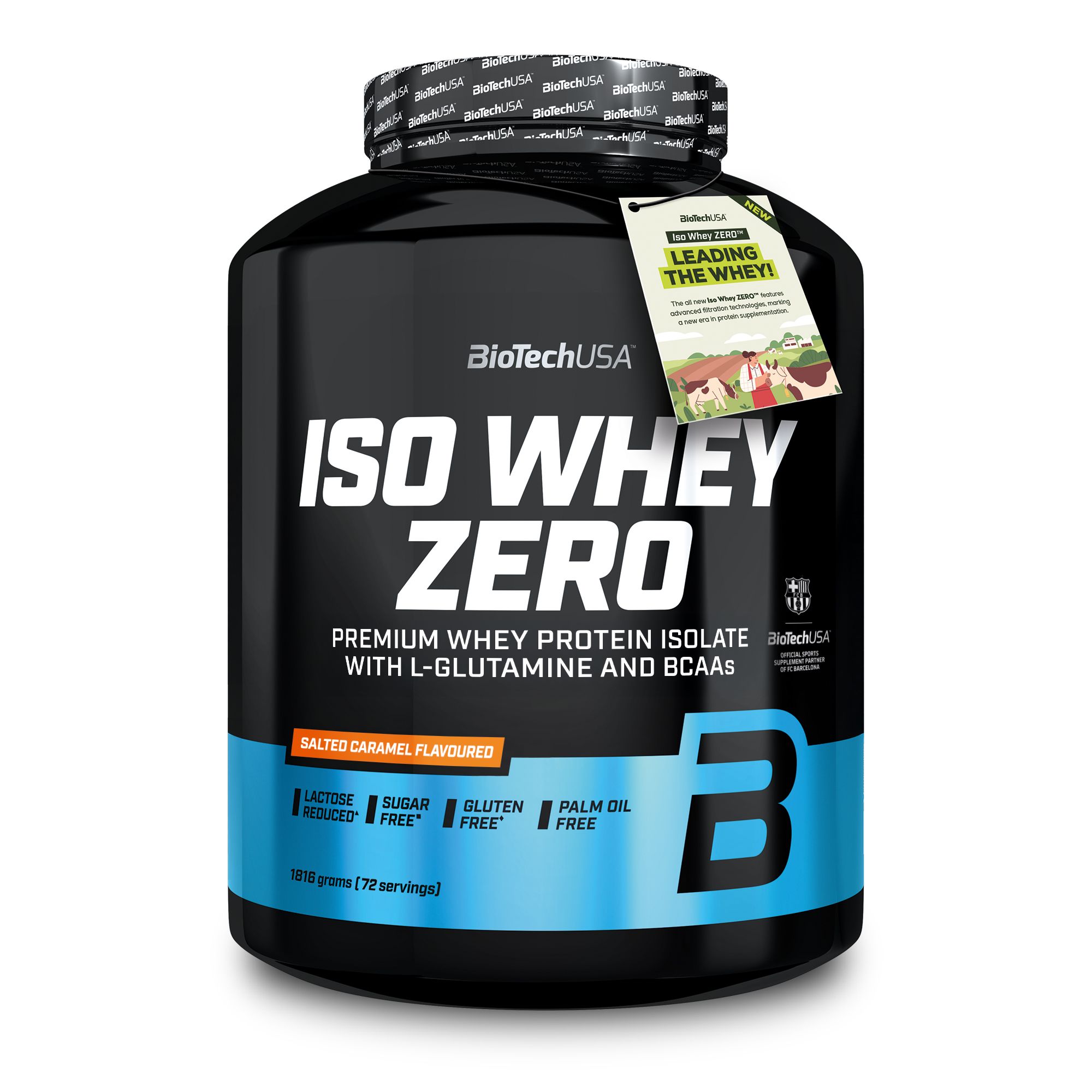 Schwarze Dose mit blauem Etikett. Aufschrift: ISO WHEY ZERO. Salted Caramel Flavour. Mit Logo und Text.