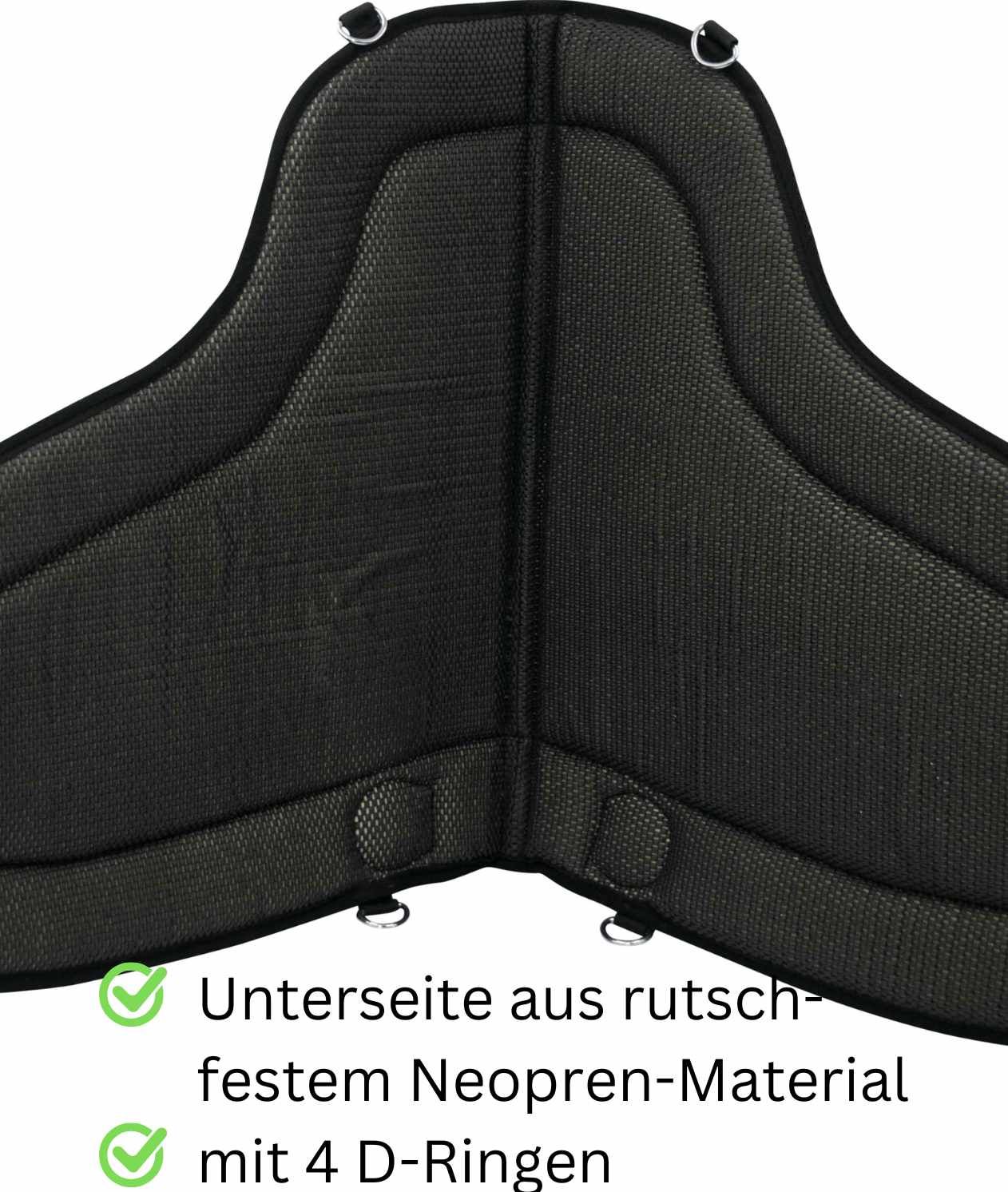 Unterseite des Bareback Pads. Schwarzes Neoprenmaterial mit 4 D-Ringen. Text: Unterseite aus rutschfestem Neopren-Material.
