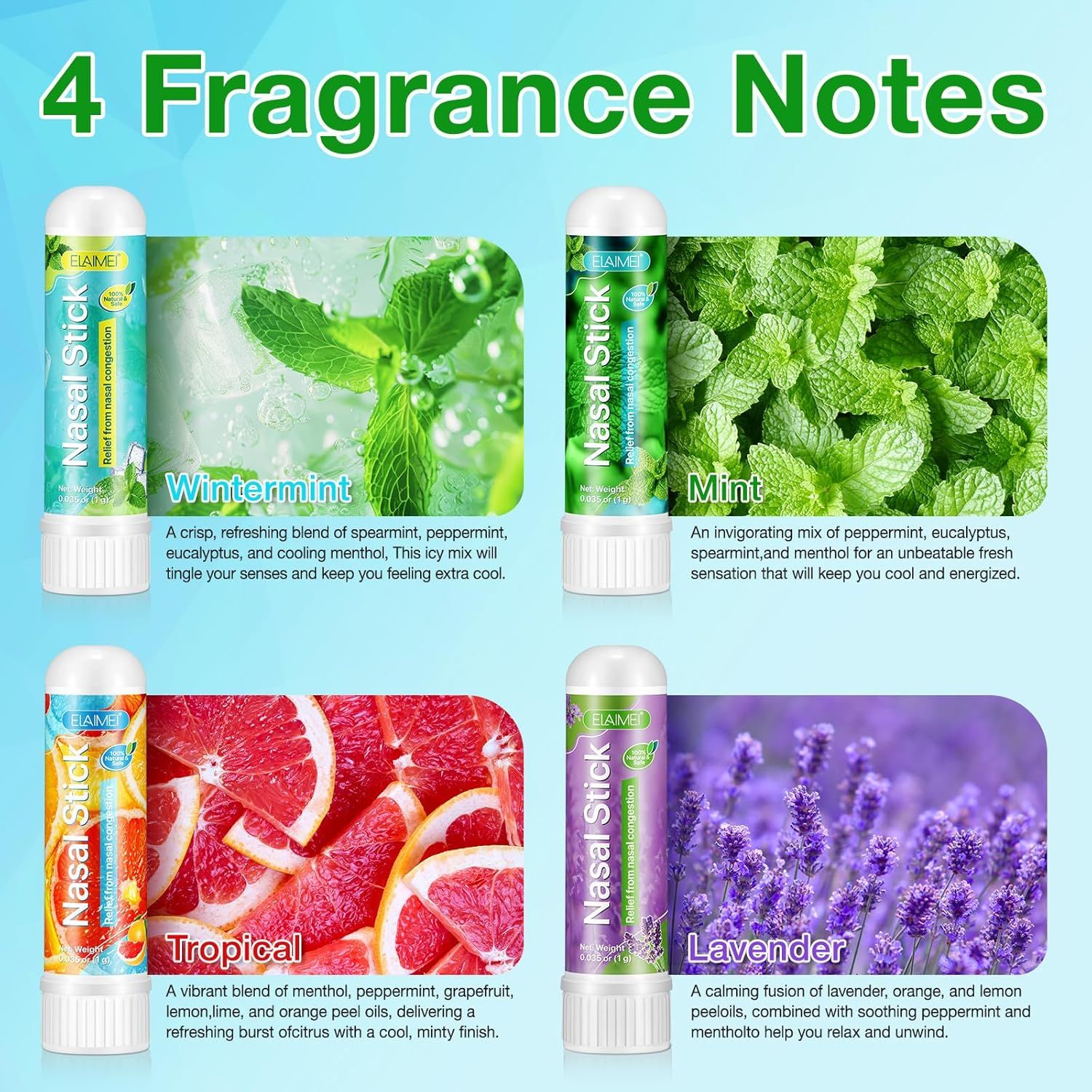 Vier Nasen-Inhalierstift-Sorten. Wintermint, Minze, Tropical und Lavendel. Jeder Stift hat eine andere Farbe und ein anderes Design.