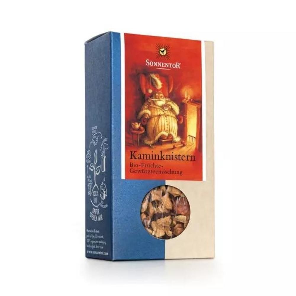 Produktverpackung mit Sichtfenster. Aufdruck: SonnentoR Kaminknistern Bio-Früchte-Gewürzmischung. Blaue und beige Farbtöne.