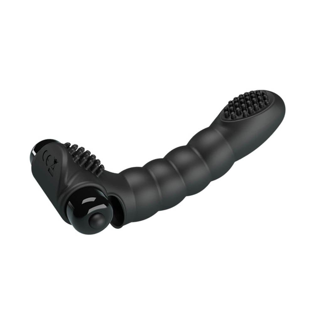 Schwarzer Pretty Love Alexander Vibrator, schräg von vorne, mit geripptem Griff und Noppen.