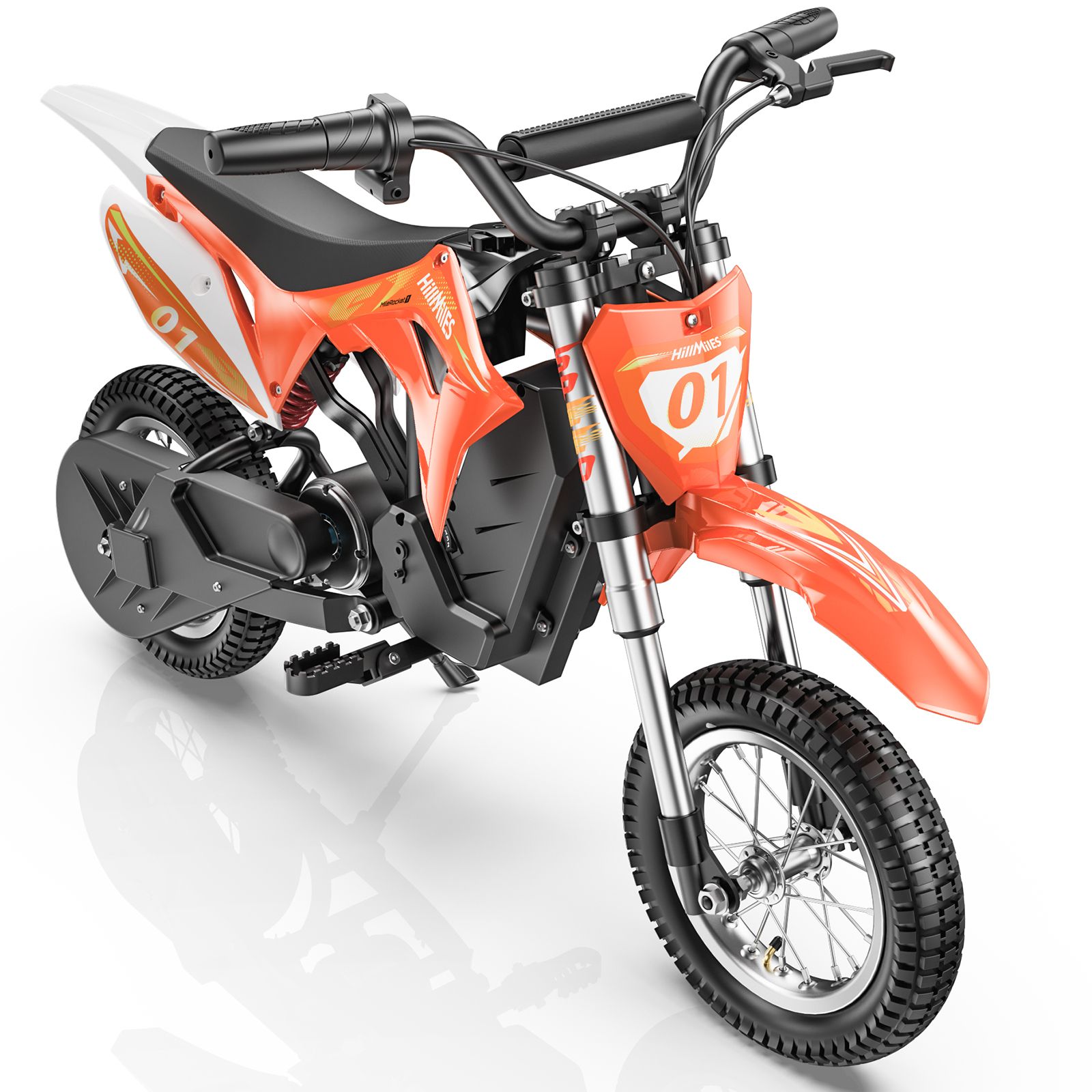 Orangefarbenes Elektro-Motorrad für Kinder. Schwarze Reifen, Lenker und Sitz. Weiße und schwarze Details. Nummer 01.