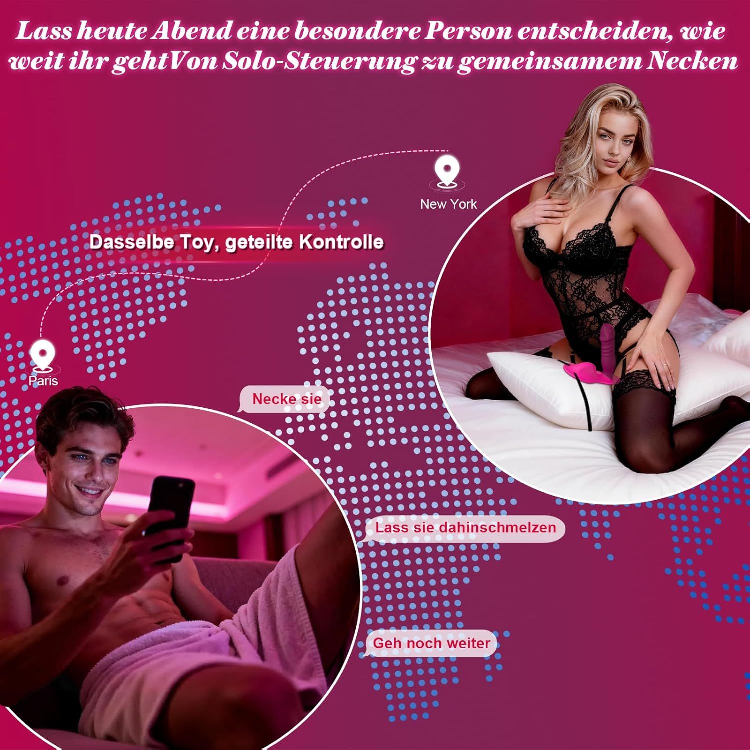Mann und Frau mit Smartphone. Frau im Dessous. Aufsitzdildo. Text: Solo-Steuerung, geteilte Kontrolle, Paris, New York.