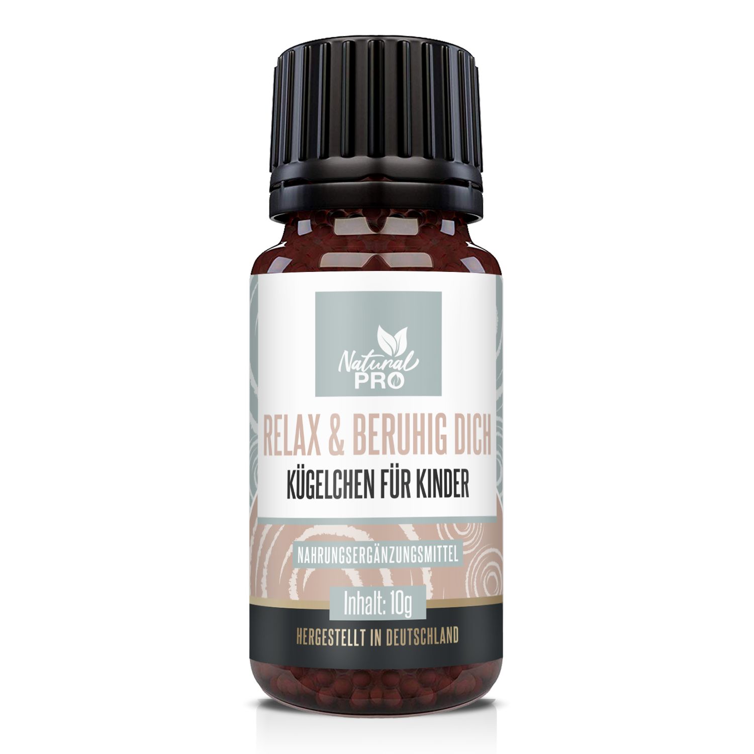 Braune Glasflasche mit schwarzem Deckel. Aufschrift: Relax & Beruhig Dich Kügelchen für Kinder. Produktinformationen.
