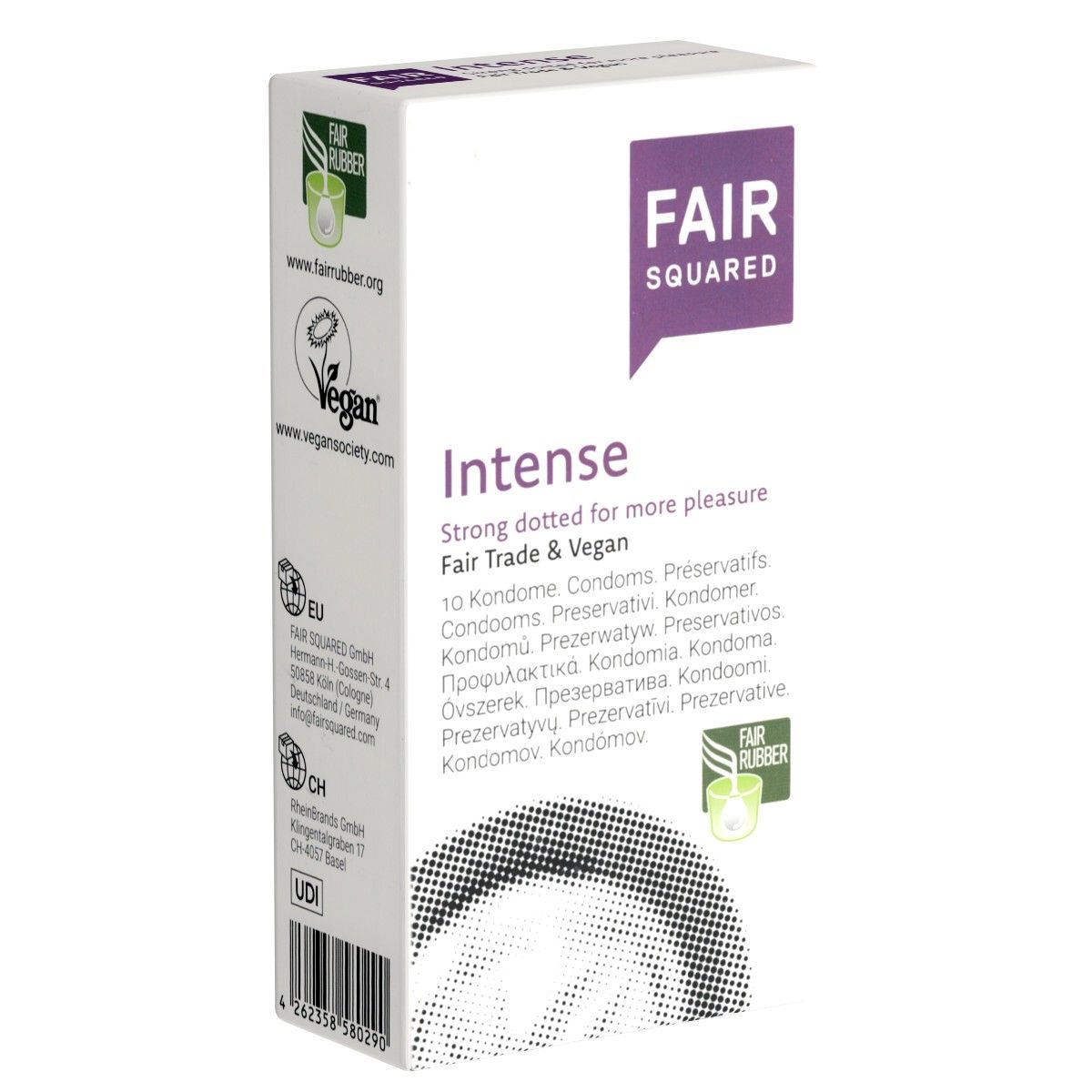 Packung Fair Squared Intense Kondome, 10 Stück. Stark genoppt für mehr Vergnügen. Fair Trade & Vegan.