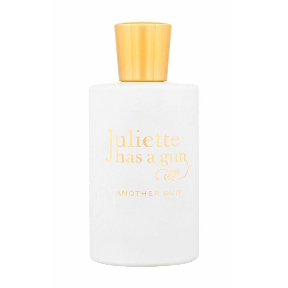 Weiße Flasche mit goldener Kappe. Goldener Schriftzug: Juliette has a gun, Another Oud.
