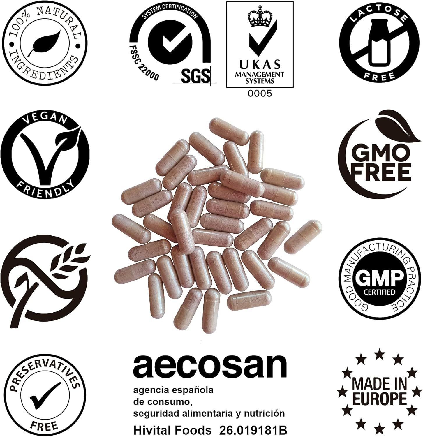 Kapseln mit verschiedenen Logos: Vegan, glutenfrei, GMO-frei, GMP-zertifiziert, Made in Europe. Text: aecosan, Hivital Foods.