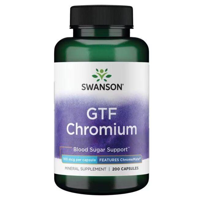 Grüne Flasche mit schwarzem Deckel. Etikett mit "SWANSON", "GTF Chromium", "100 mcg per capsule" und "200 Capsules".