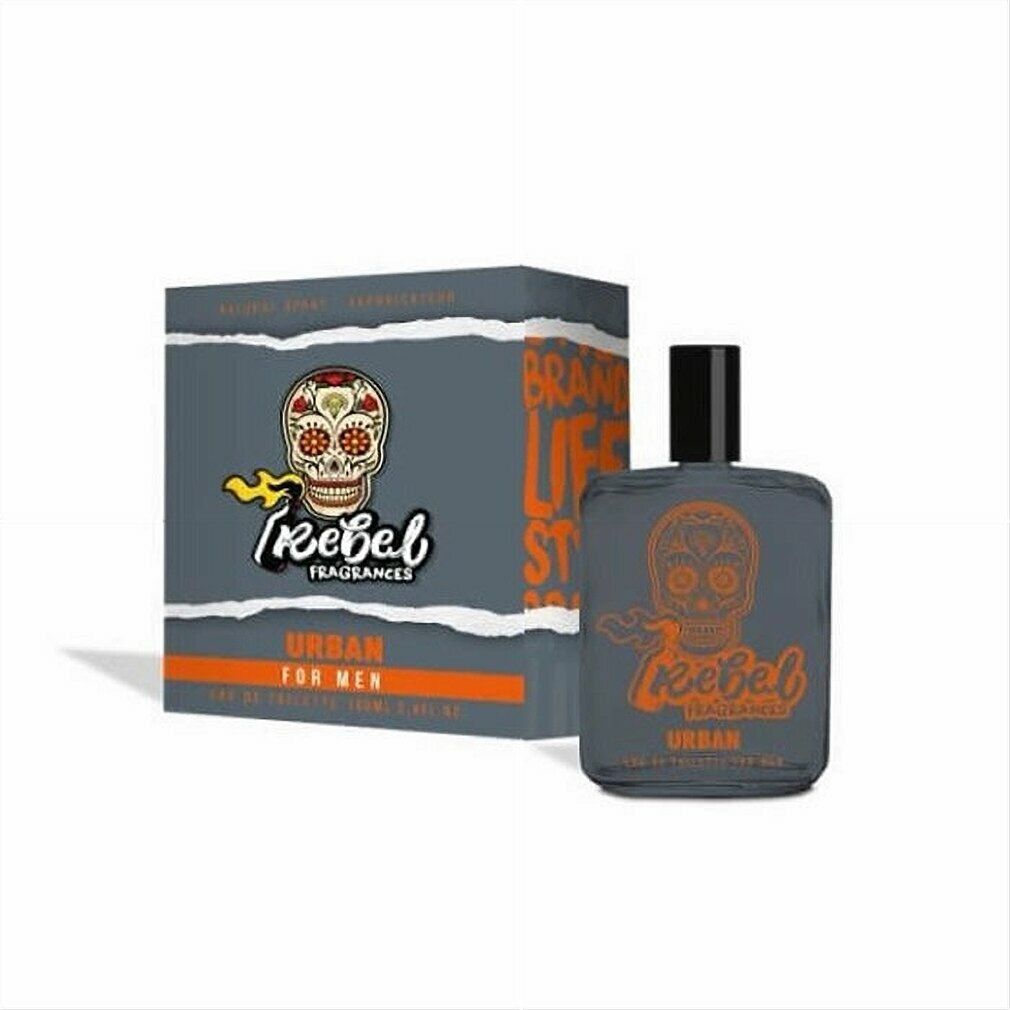 Graue rechteckige Flasche und Schachtel. Aufdruck: Totenkopf, "Rebel Fragrances", "Urban for Men".