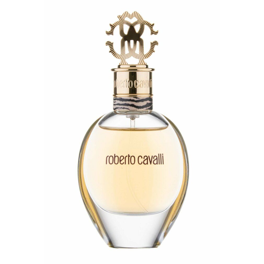 Roberto Cavalli Eau de Parfum Spray-Flakon mit goldenem Verschluss und Markenlogo, auf weißem Hintergrund.