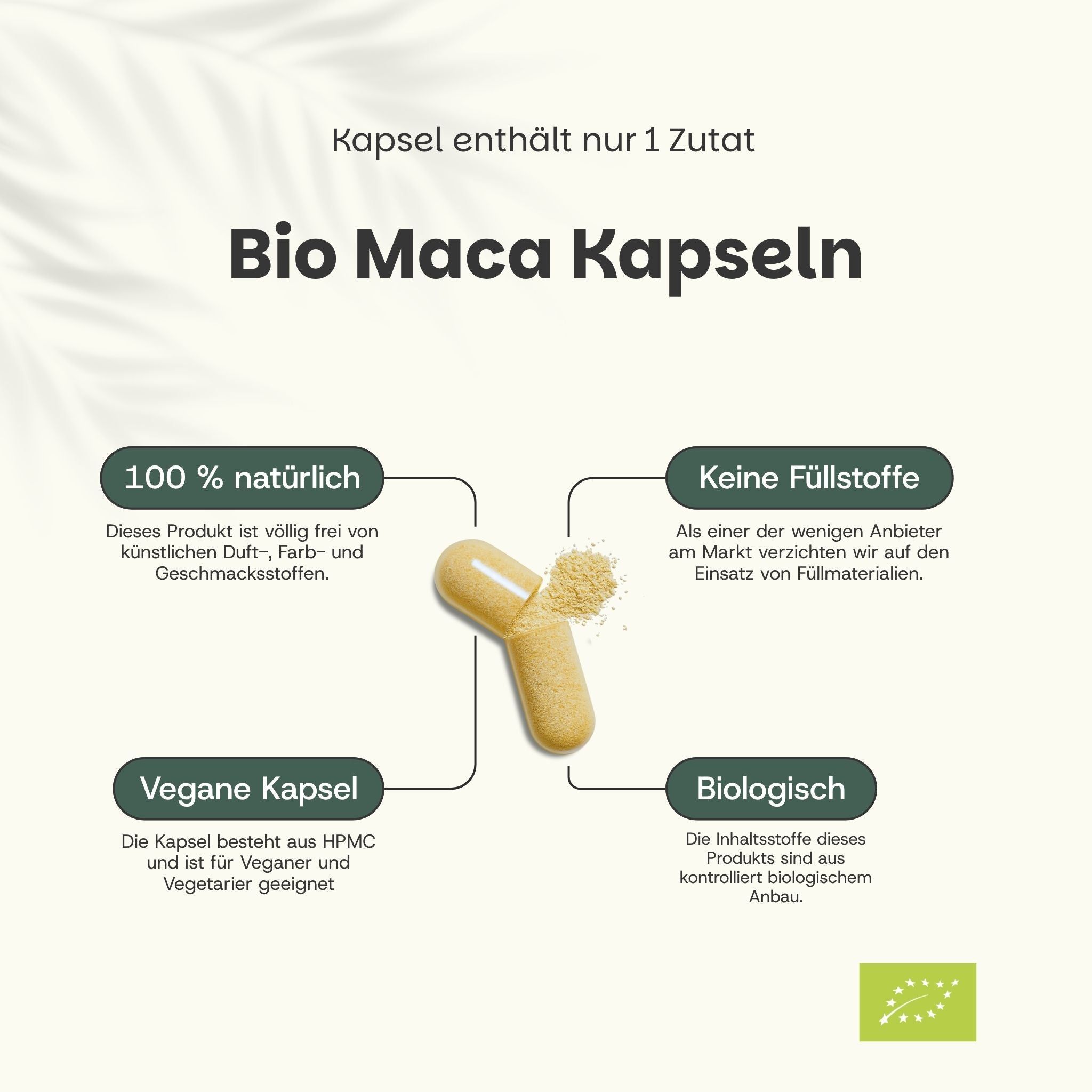 Beutel mit Kapseln. Text: Maca Organic Supplements. 100 Kapseln. Text: Unterstützt Vitalität, allgemeines Wohlbefinden, hilft bei Müdigkeit.