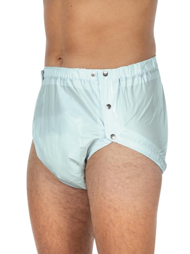 Hellblaue Inkontinenz-Slip mit seitlichen Druckknöpfen. PVC-Material. Seitliche Knöpfe. Elastischer Bund. Ansicht von der Seite.