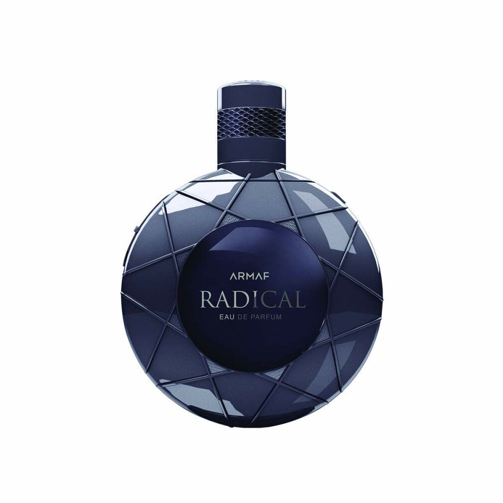 Runde, dunkelblaue Flasche mit geometrischem Design. Aufschrift: Armaf Radical Eau de Parfum.