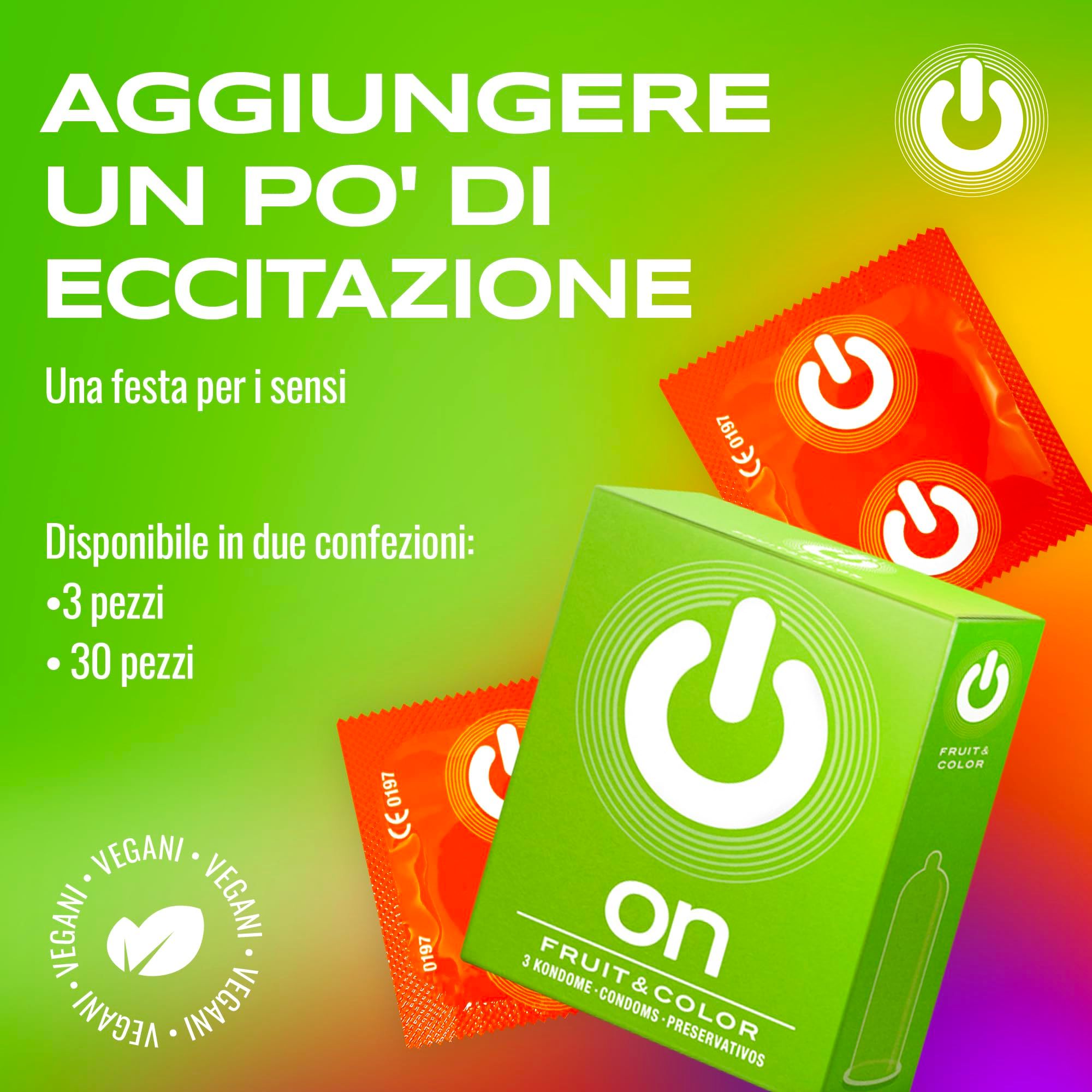 ON Kondome Fruit & Color Packung für 3 Stück, mit Logo und Produktinformationen.