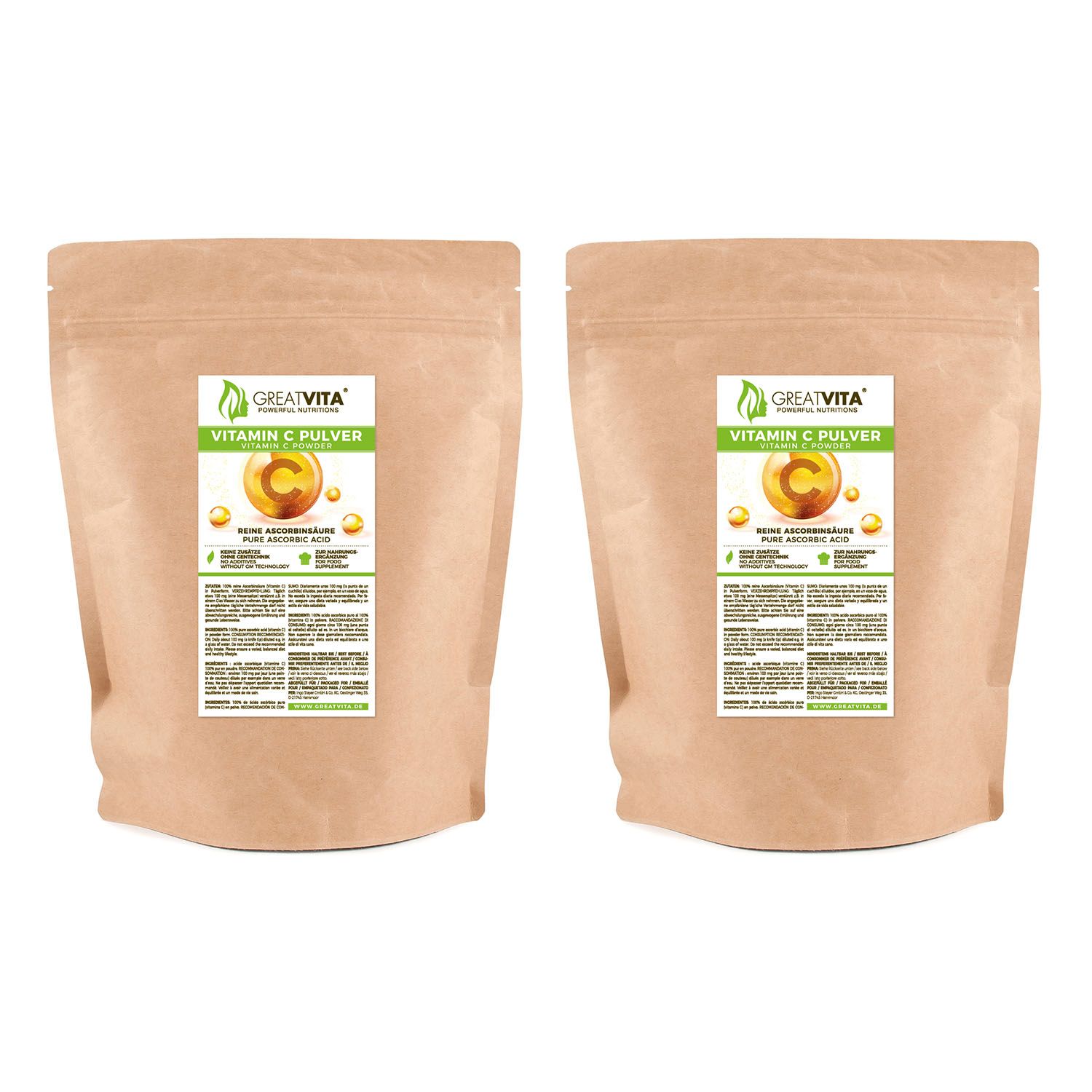 Zwei Beutel GreatVita Vitamin C Pulver. Braune Papierverpackung mit Etikett. Aufschrift: Vitamin C Pulver, reine Ascorbinsäure.