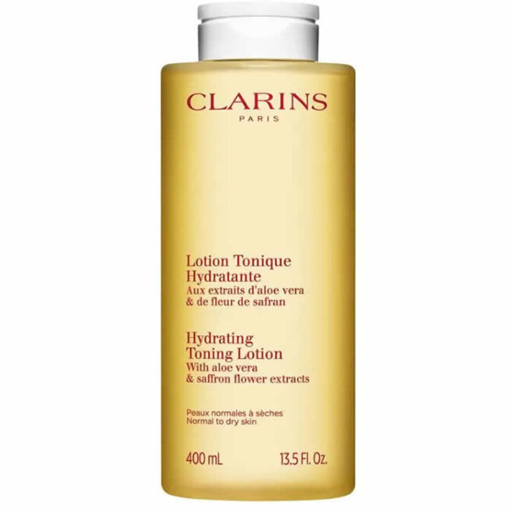 Gelbe Flasche mit weißem Deckel. Aufschrift: Clarins Paris, Lotion Tonique Hydratante, Hydrating Toning Lotion, 400 ml, 13.5 Fl. Oz.