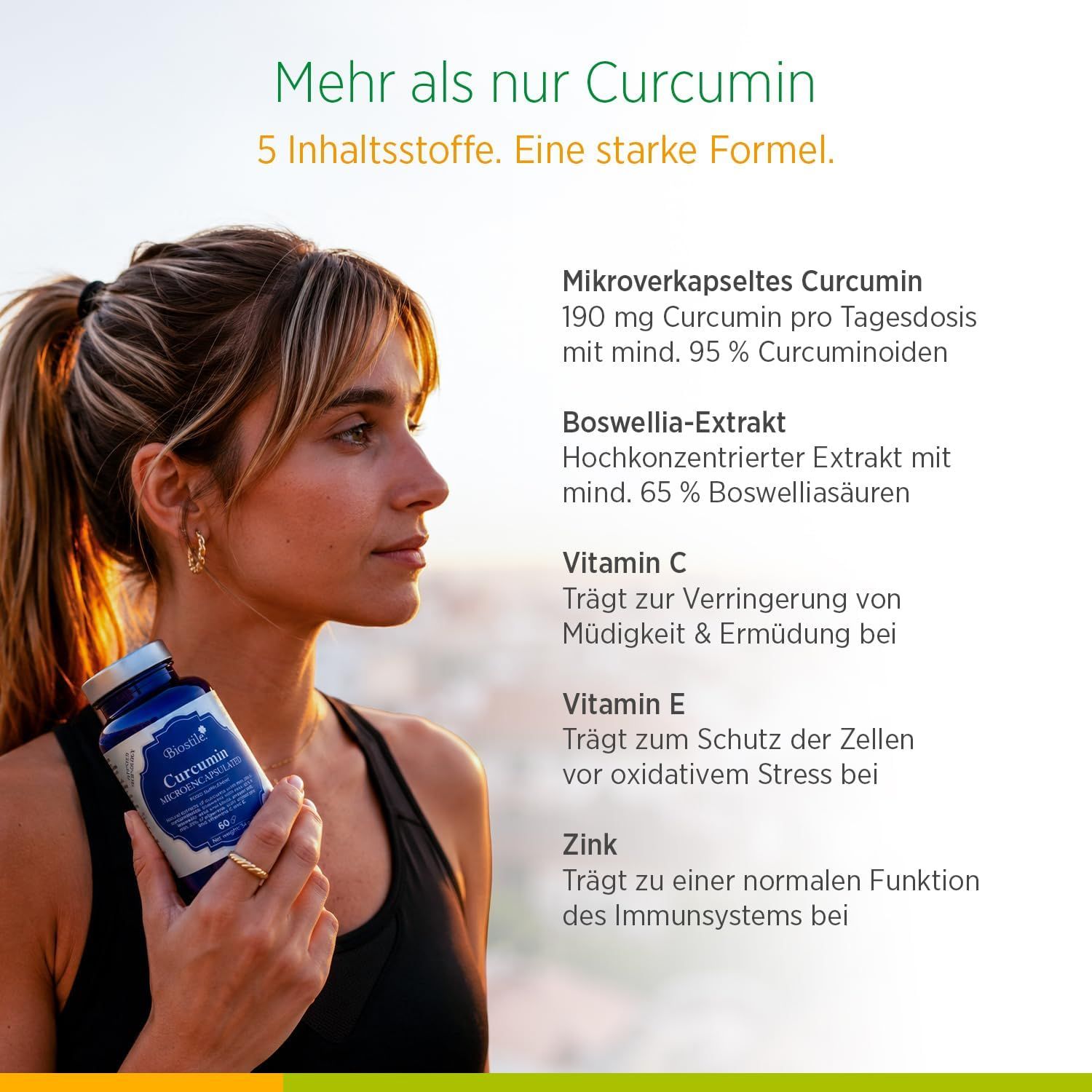 Biostile Curcumin Kapsel mit Zutaten und Vorteilen.