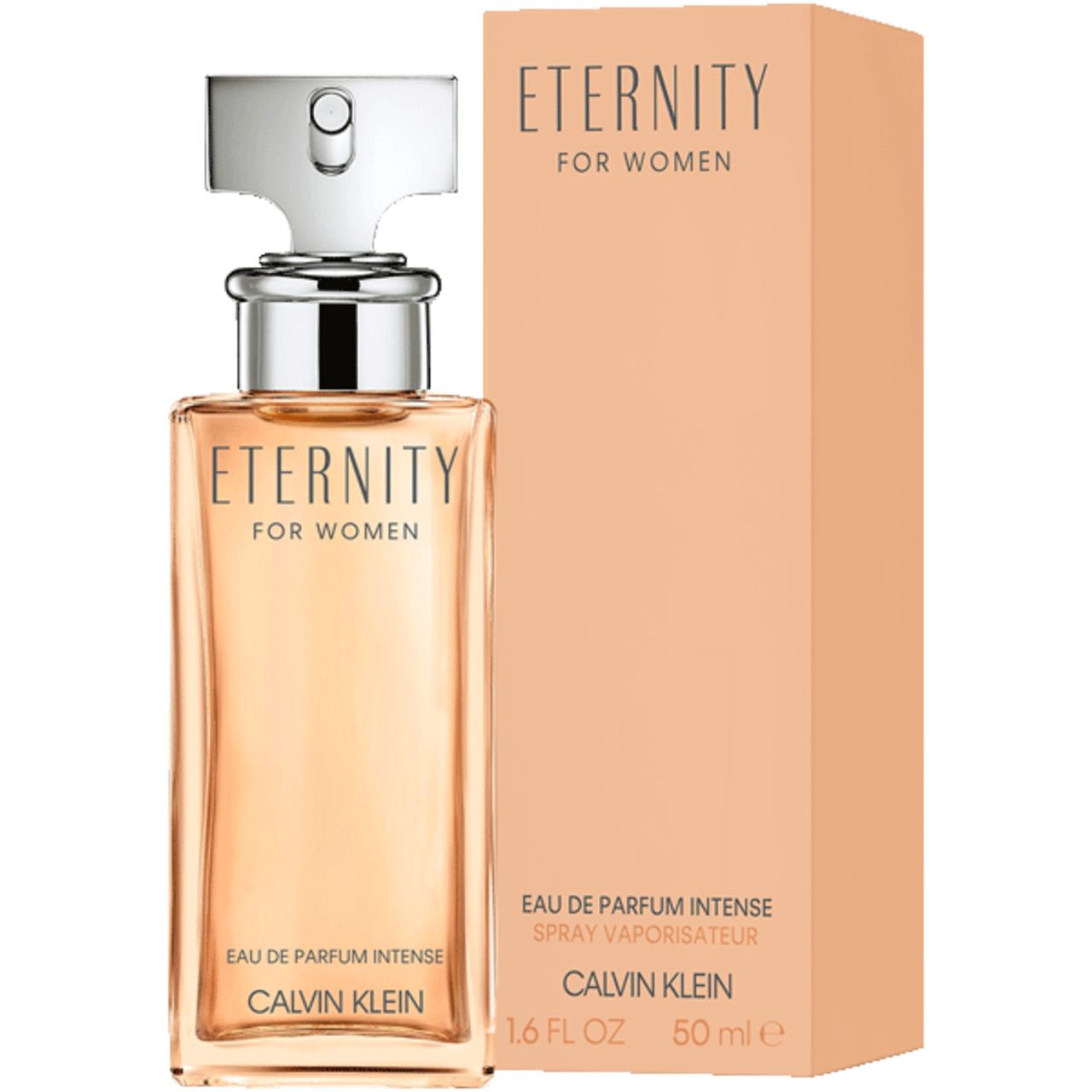 Flakon und Verpackung. Flakon: eckig, silberner Verschluss. Verpackung: beige, rechteckig. Aufschrift: Eternity for Women, Calvin Klein.