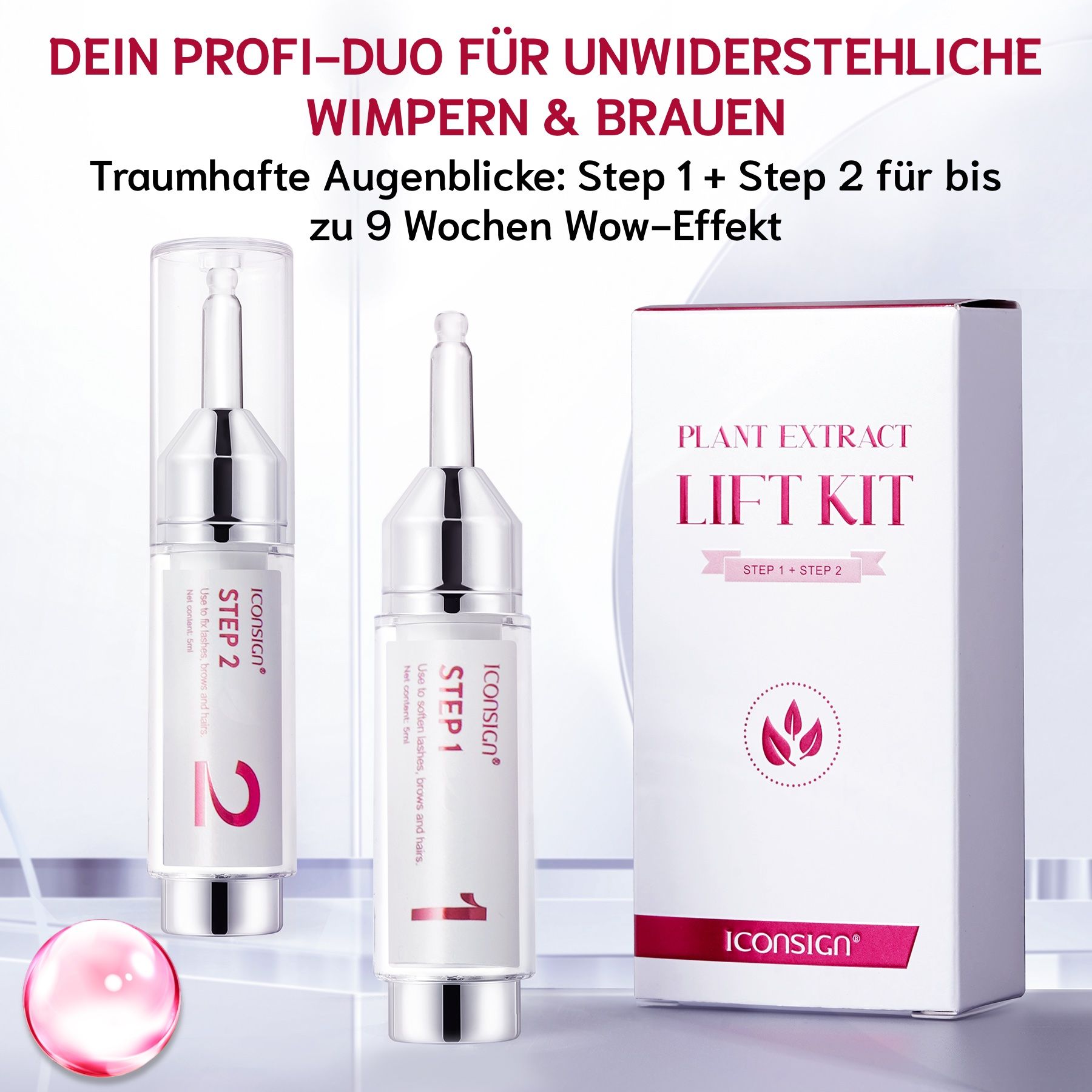 Zwei Flaschen und eine Box. Auf den Flaschen steht "STEP 1" und "STEP 2". Auf der Box steht "LIFT KIT" und "PLANT EXTRACT".
