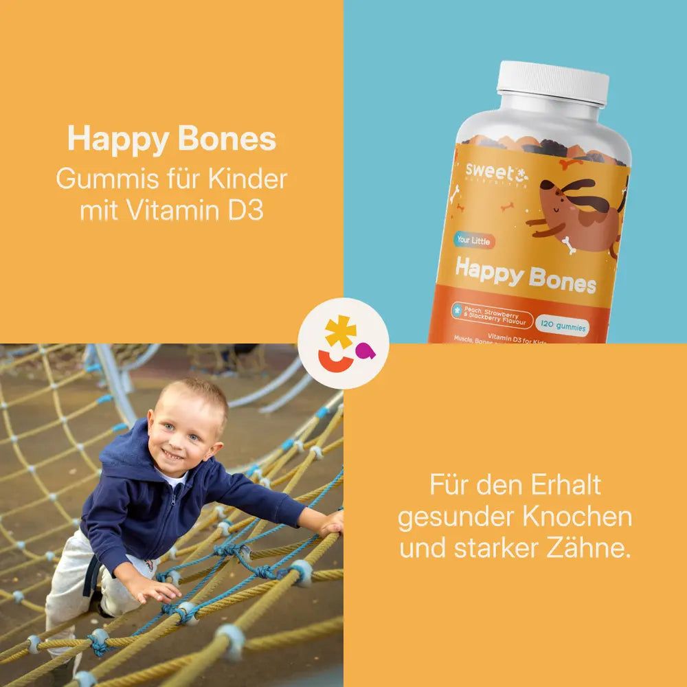 Produktpräsentation von Happy Bones Gummibärchen. Ein Kind klettert auf einem Spielplatz. Flasche mit Produktetikett.