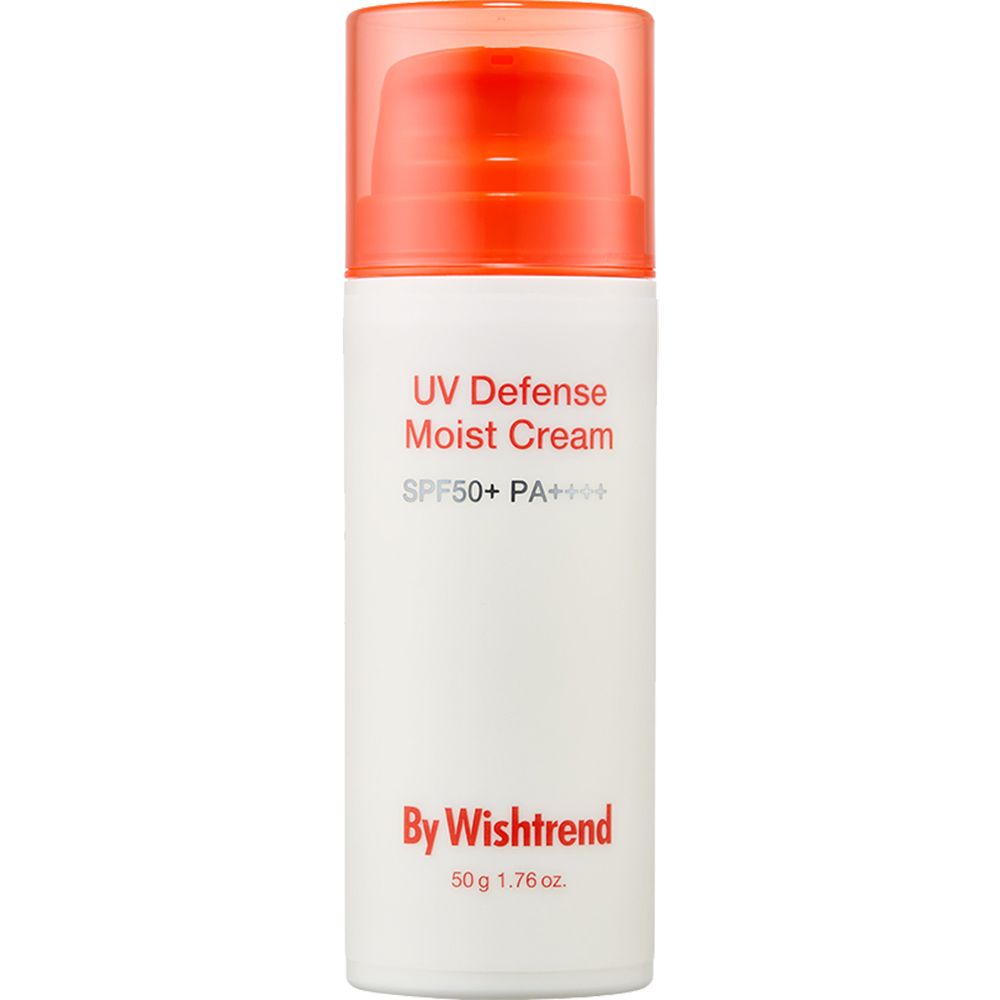 Weiße Flasche mit orangefarbenem Deckel. Aufschrift: UV Defense Moist Cream SPF50+ PA++++. Marke: By Wishtrend. Inhalt: 50 g 1.76 oz.