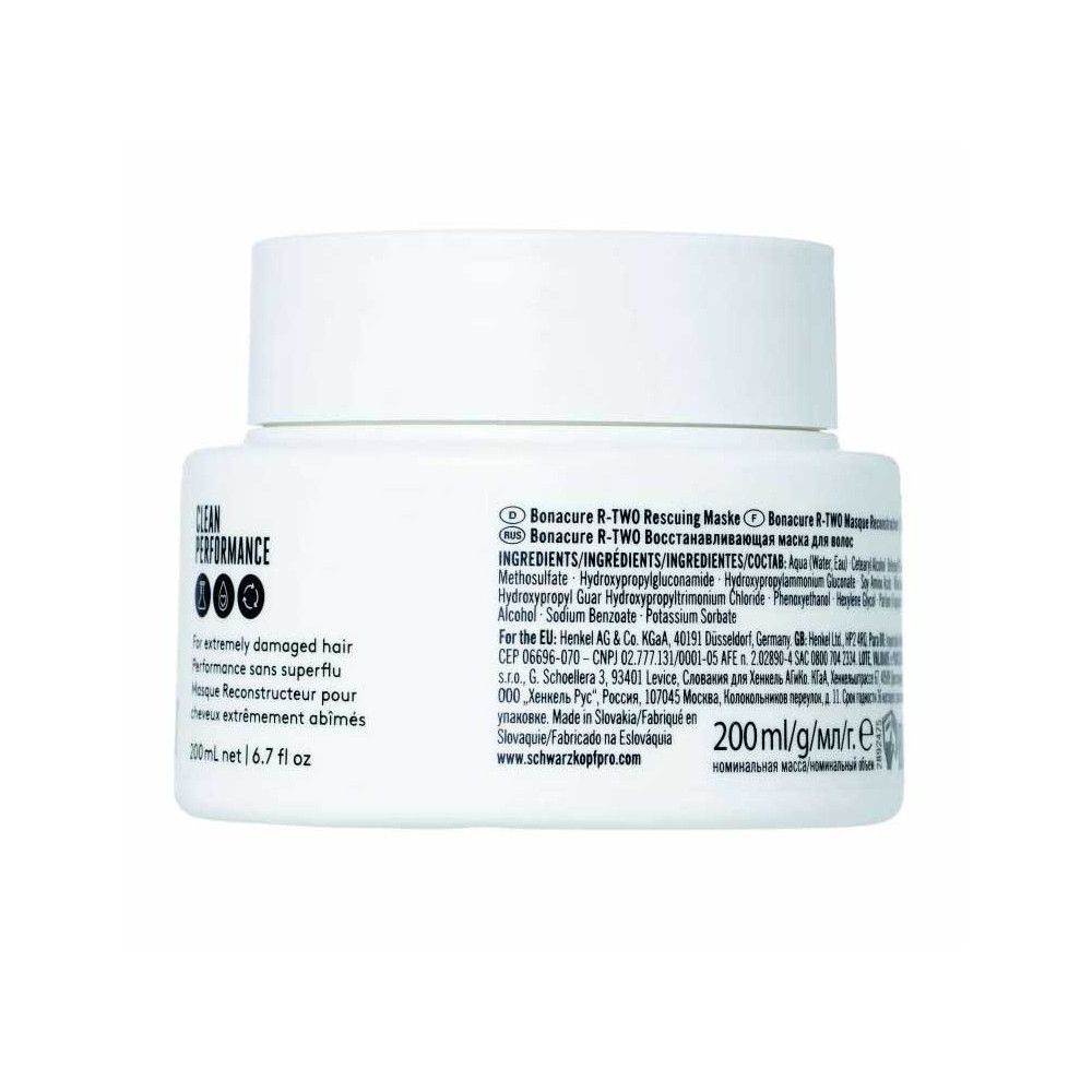Weißes Tiegel mit Produktinformationen. Text: Bonacure R-TWO Rescuing Masque, 200 ml, Inhaltsstoffe. Schwarzkopf Logo.