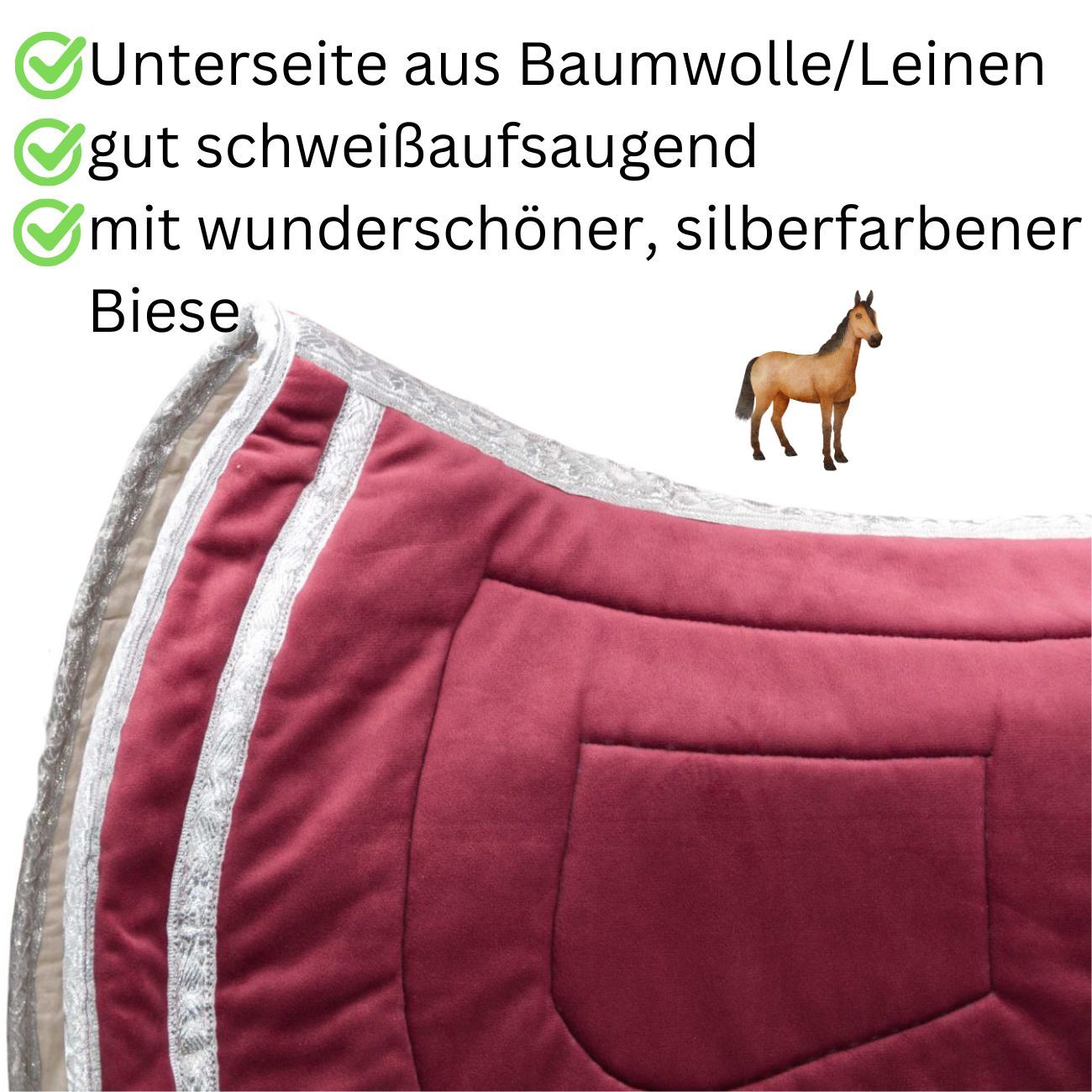 Detailansicht einer bordeauxfarbenen Schabracke mit silberner Biese. Baumwoll-/Leinenunterseite, schweißaufsaugend.