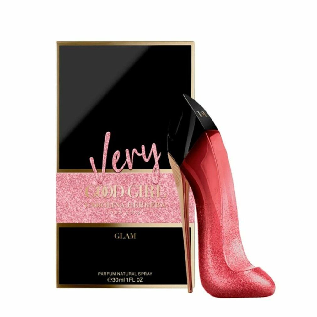 Produktverpackung und Flakon in Form eines roten High Heels. Schwarze Verpackung mit rosa Glitzerdetails.