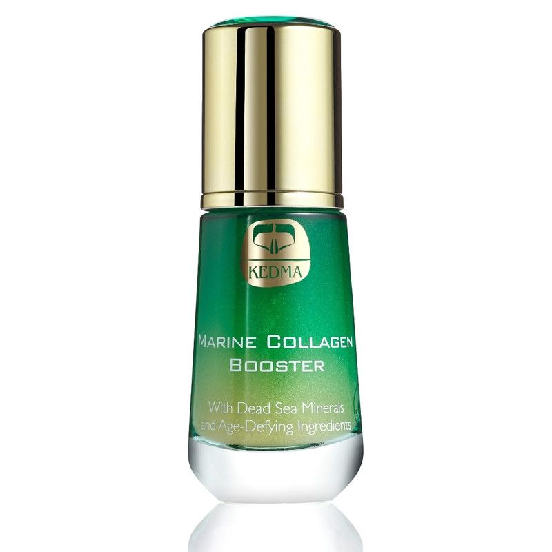 Grüne Flasche mit goldfarbenem Deckel. Aufschrift: Kedma Marine Collagen Booster. Mit Mineralien aus dem Toten Meer und Anti-Aging-Inhaltsstoffen.