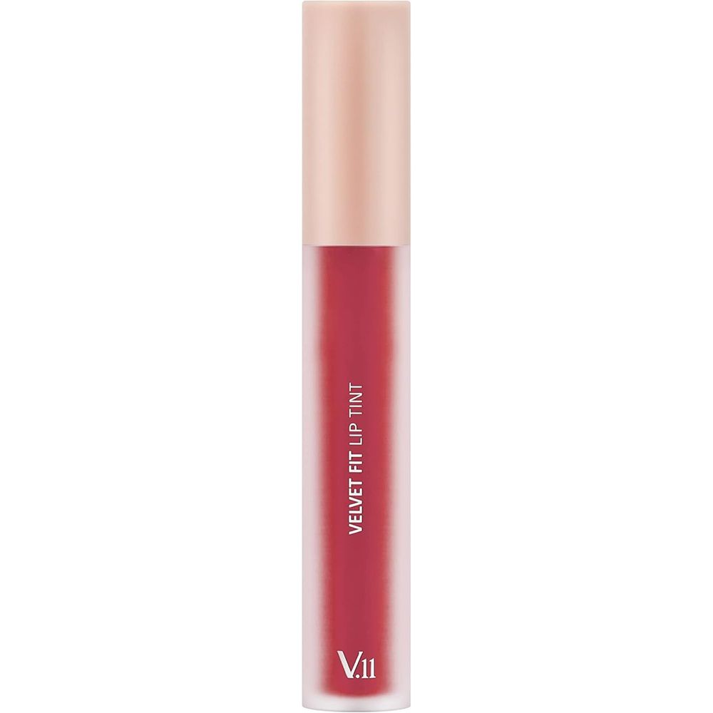 Lippentönung in einer zylindrischen Flasche. Rosa Deckel. Aufschrift: VELVET FIT LIP TINT. V.11 Logo.