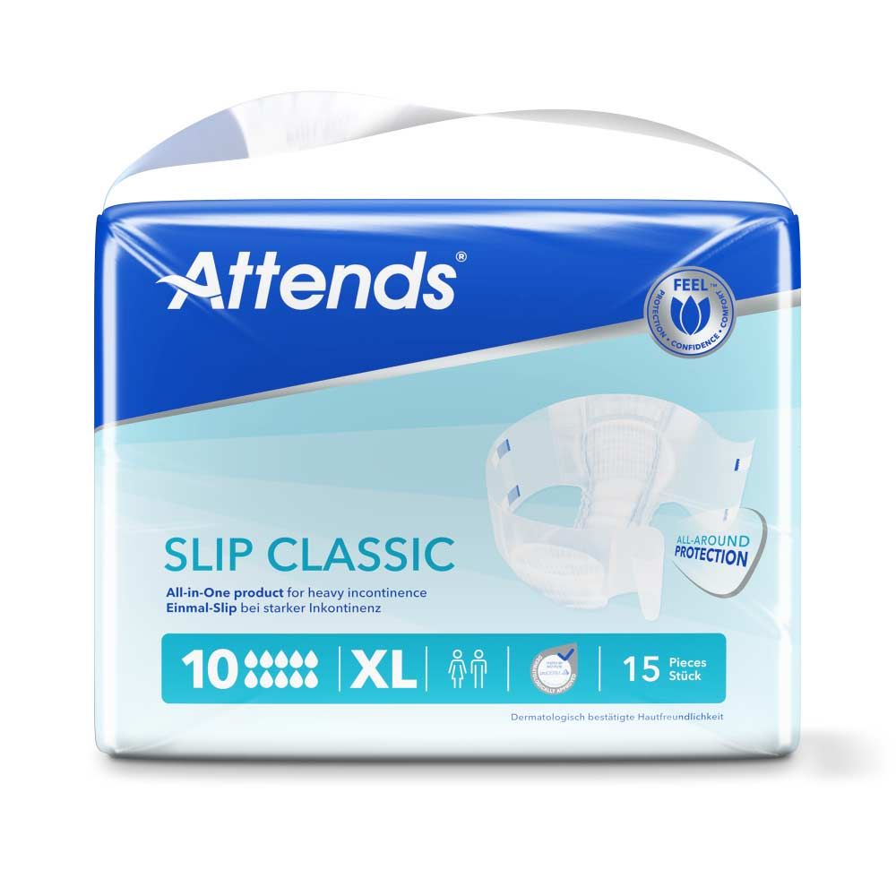 Attends Slip Classic 10 XL-Packung. Inkontinenzprodukt. 15 Stück. Blaue und weiße Verpackung mit Produktabbildung und Logo. All-in-One-Produkt.