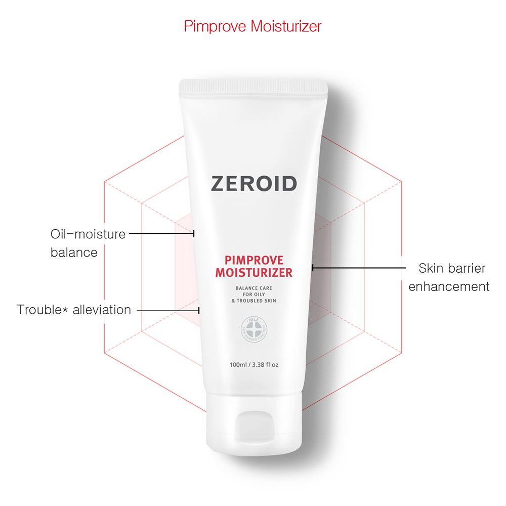 Weiße Tube ZEROID Pimprove Moisturizer mit Diagramm. Text: Balance Care for Oily & Troubled Skin. Diagramm mit Pfeilen und Text.
