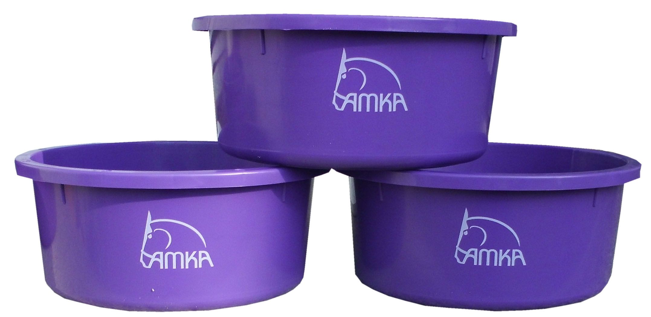 Drei violette Futterschalen. Jede Schale hat einen Rand und das Logo AMKA. Die Schalen sind übereinander gestapelt.
