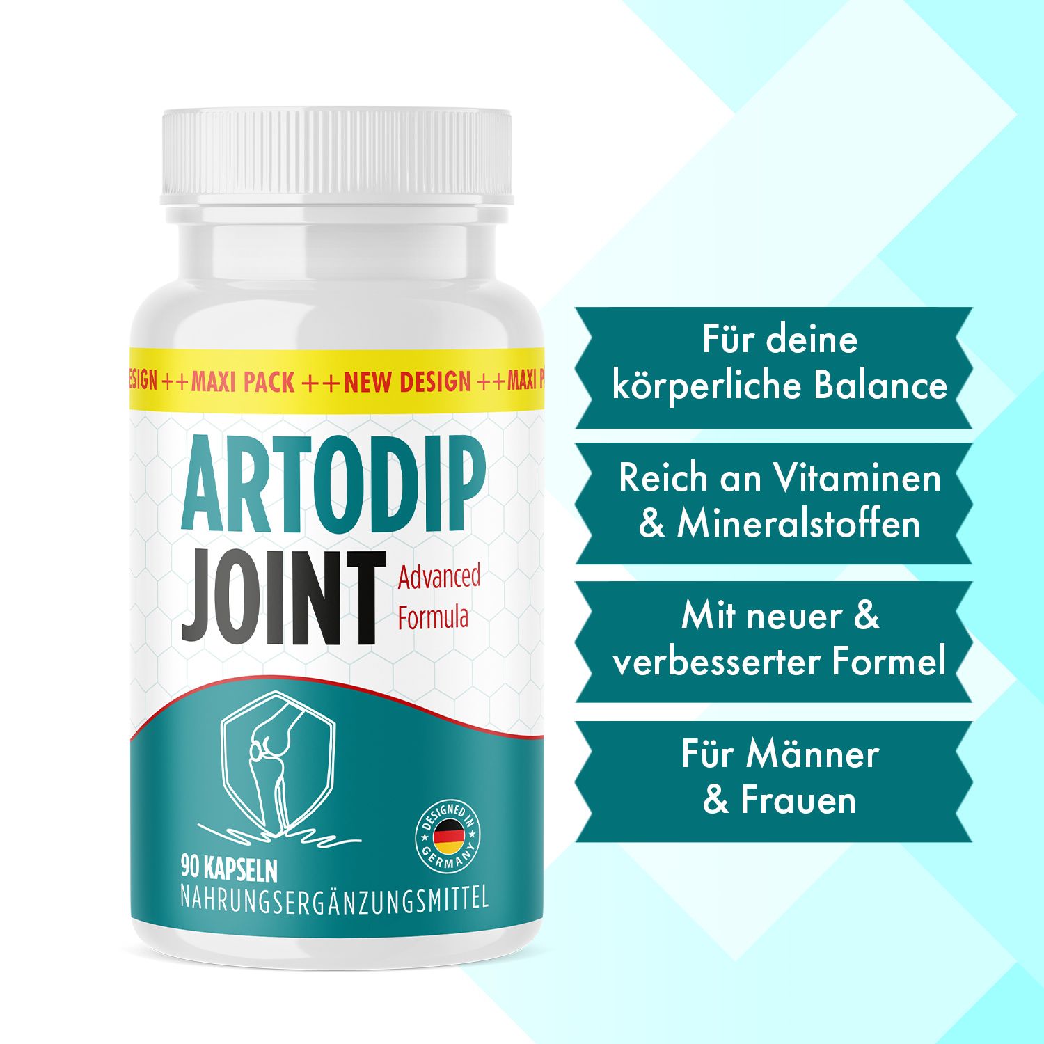 Weißes Pillenbehälter mit blauem Etikett. Aufschrift: ARTODIP JOINT, 90 Kapseln. Text: Für deine körperliche Balance, reich an Vitaminen.