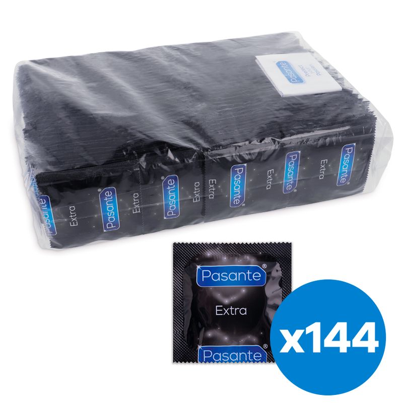 Verpackung mit Kondomen. Marke Pasante Extra. 144 Stück.