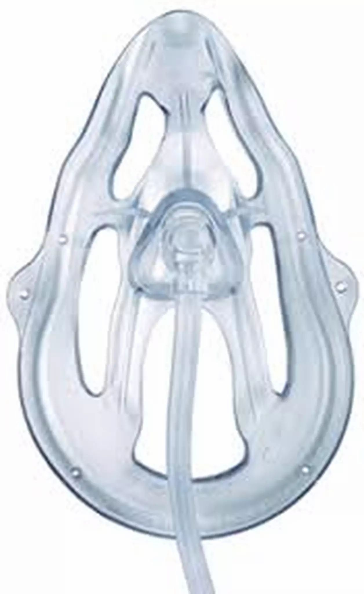 Transparente Nasen-Mund-Maske aus Kunststoff mit Schlauchanschluss.