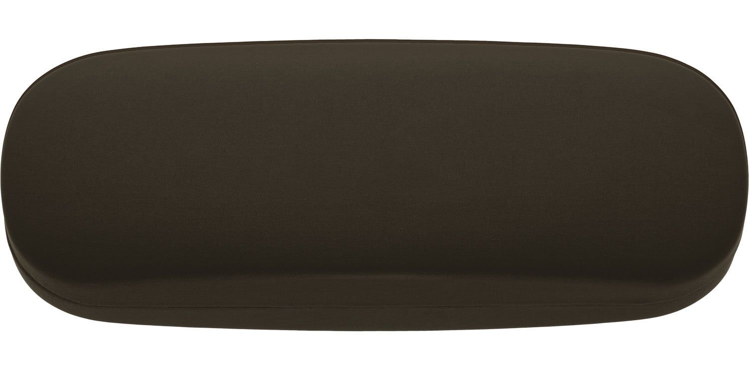 Hartschalenetui, braun. Ovale Form, glatte Oberfläche. Geschlossener Zustand.