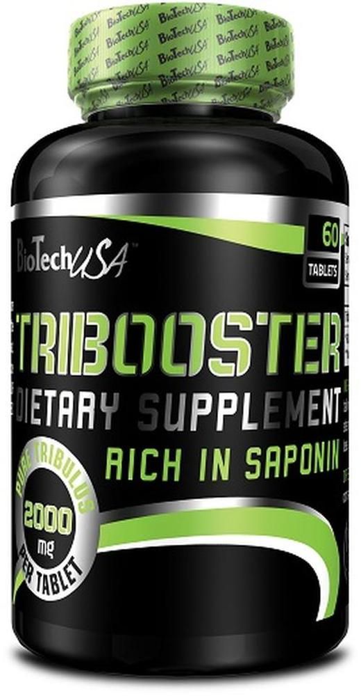 Schwarze Flasche mit grünem Etikett. Aufschrift: Tribooster, Dietary Supplement, 60 Tabletten. Marke: BioTechUSA.