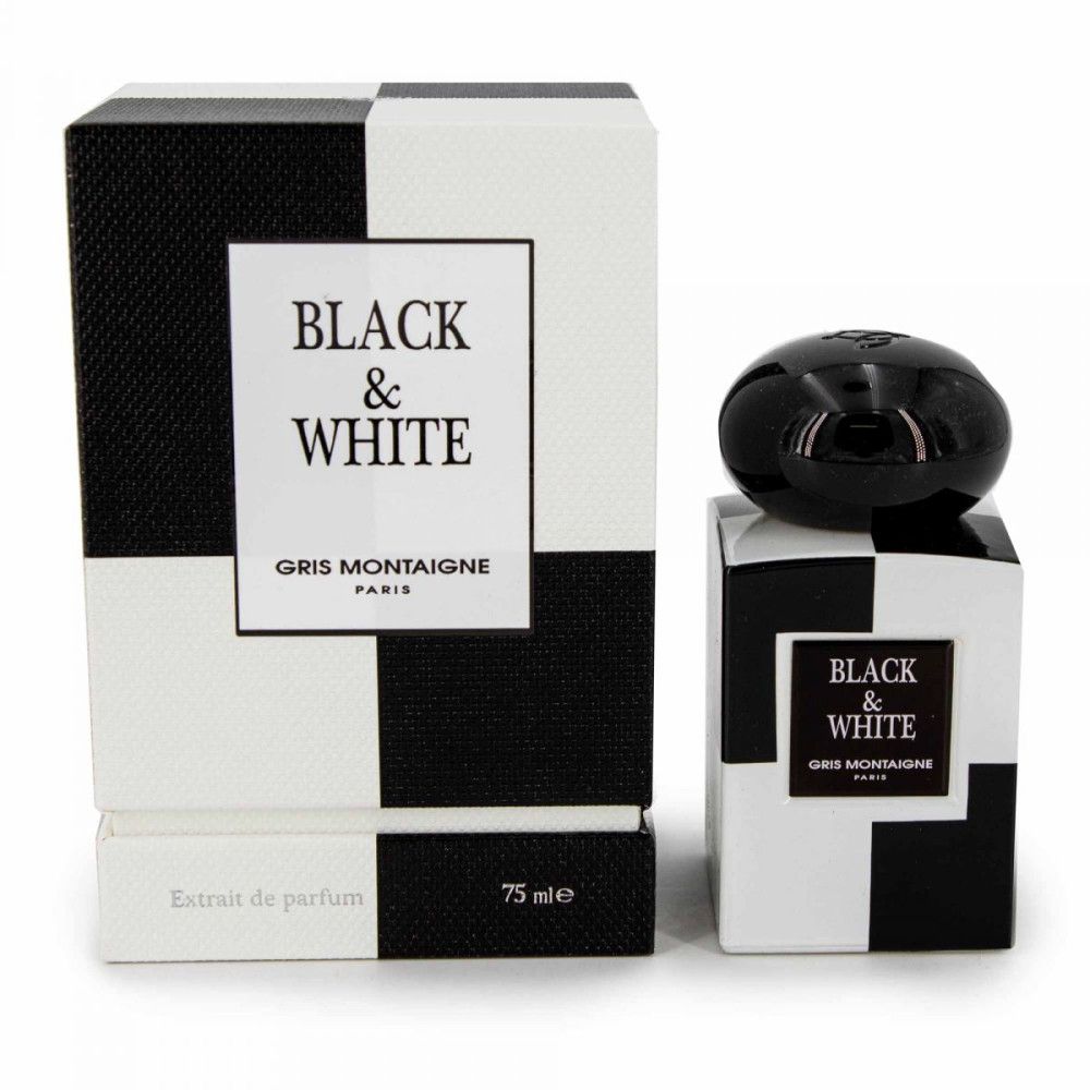 Schwarz-weiß karierte Verpackung und Flakon. Aufschrift BLACK & WHITE und Gris Montaigne Paris. Extrait de parfum, 75 ml.