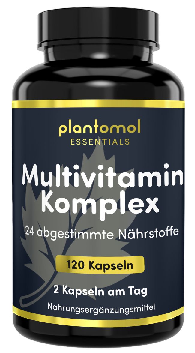 Dunkle Flasche mit Etikett. Aufschrift: plantomol essentials, Multivitamin Komplex, 120 Kapseln. Nahrungsergänzungsmittel.