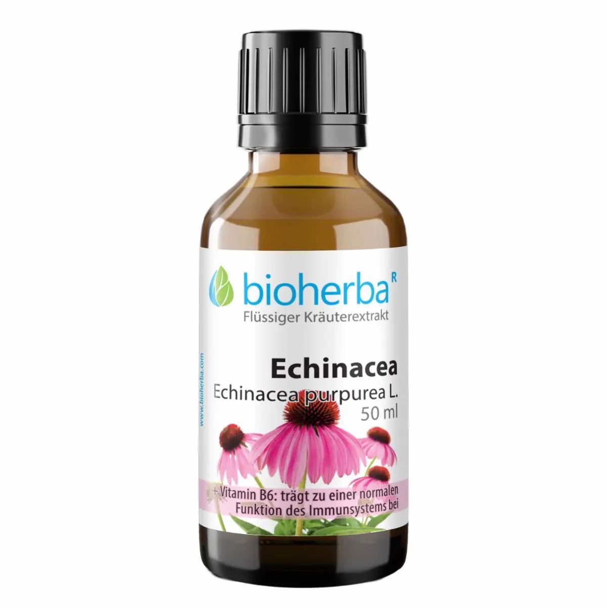 Braune Glasflasche mit schwarzem Deckel. Etikett mit Produktnamen, Logo und Abbildung einer Blüte.