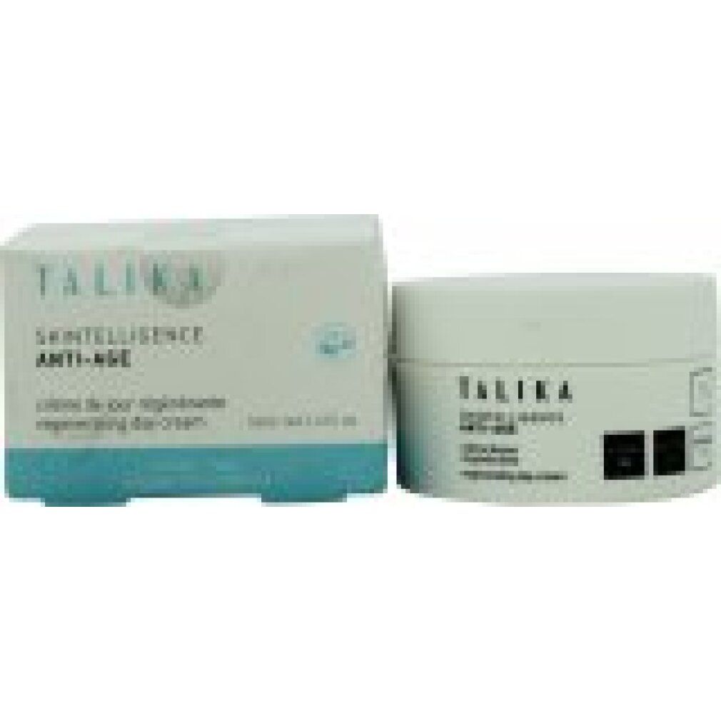 Weiße Verpackung und Tiegel mit Aufschrift TALIKA, SKINTELLIGENCE ANTI-AGE. Regenerierende Tagescreme.
