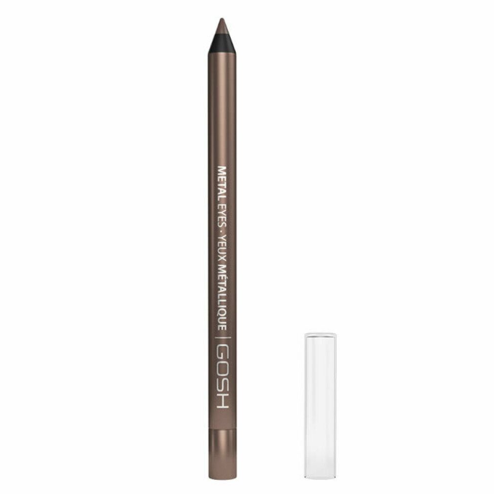 Brauner Eyeliner-Stift mit abgenommenem, transparentem Deckel. Aufschrift: METAL EYES, GOSH.