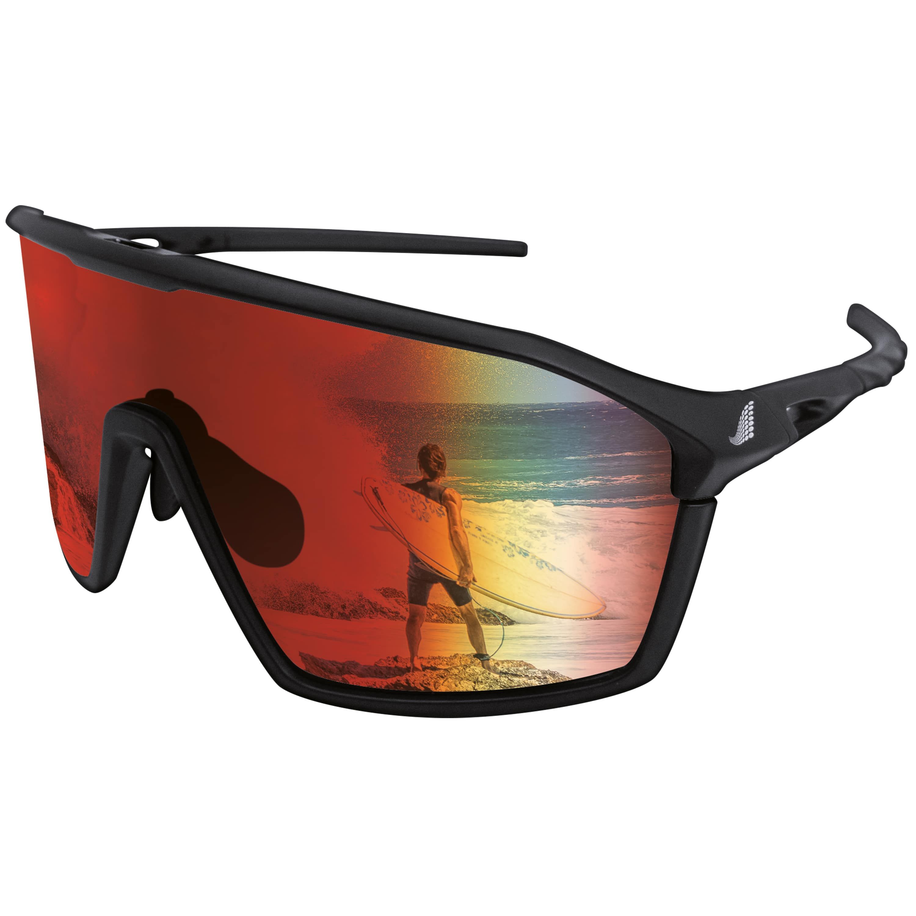 Sportbrille mit schwarzem Rahmen und roten Gläsern. Das Design ist sportlich und modern. Das Logo ist auf dem Bügel sichtbar.