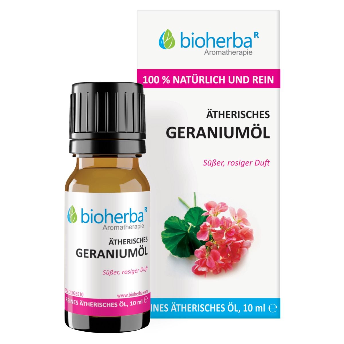 Braune Glasflasche mit schwarzem Deckel und Etikett. Daneben eine weiße Schachtel mit Produktinformationen und Logo.