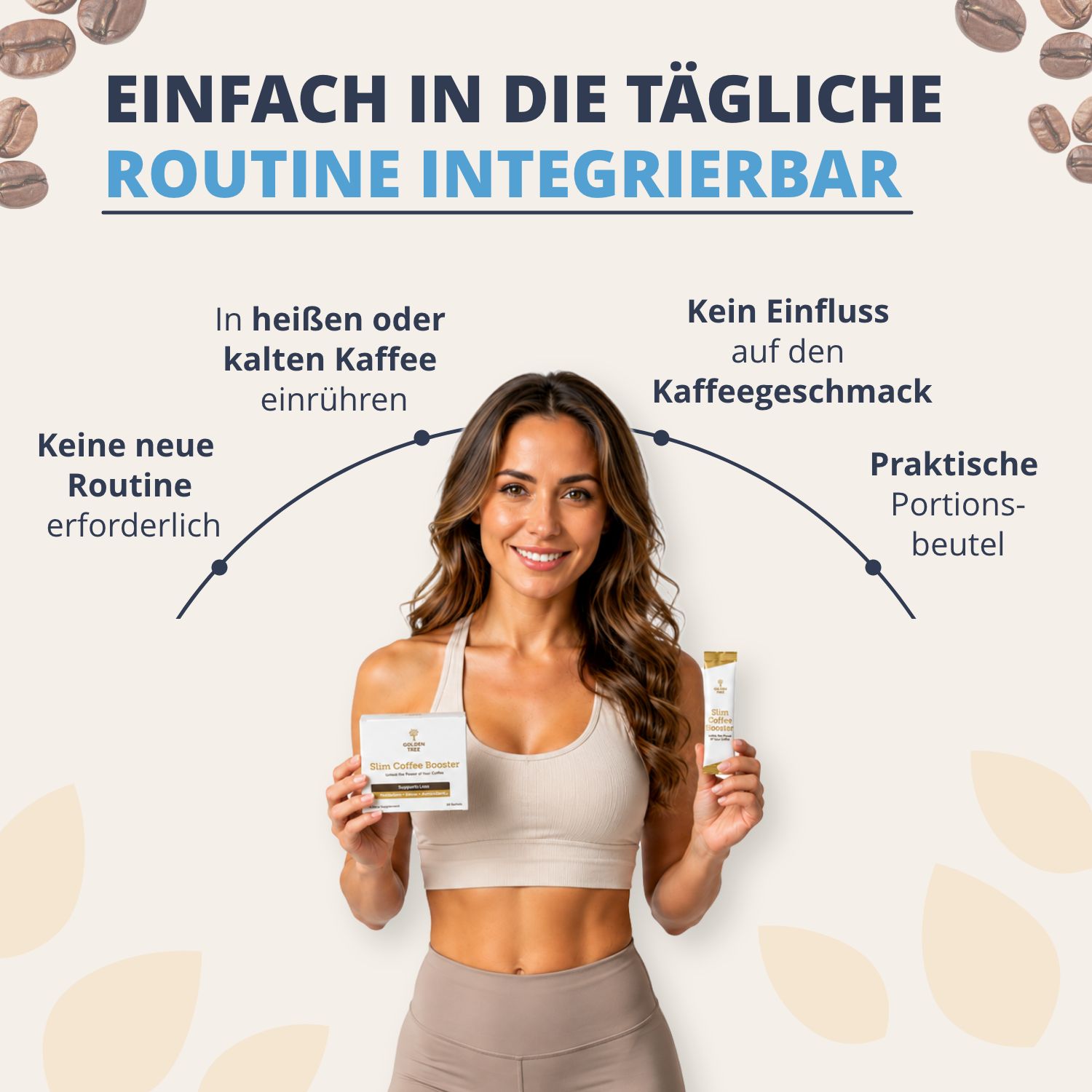 Frau integriert Golden Tree Slim Coffee Booster einfach in die tägliche Routine.