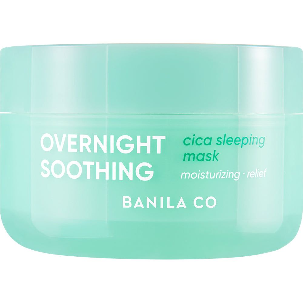 Grüner Tiegel mit Text: OVERNIGHT SOOTHING, BANILA CO, Cica Sleeping Mask.
