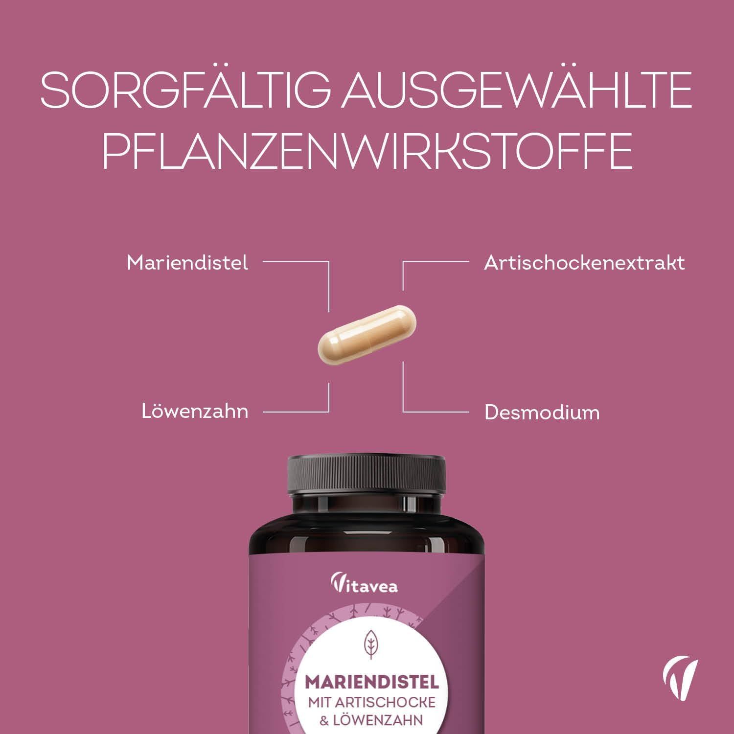 Kapsel über Flasche mit Aufschrift: Mariendistel, Artischocke & Löwenzahn. Inhaltsstoffe: Mariendistel, Artischockenextrakt, Löwenzahn, Desmodium.
