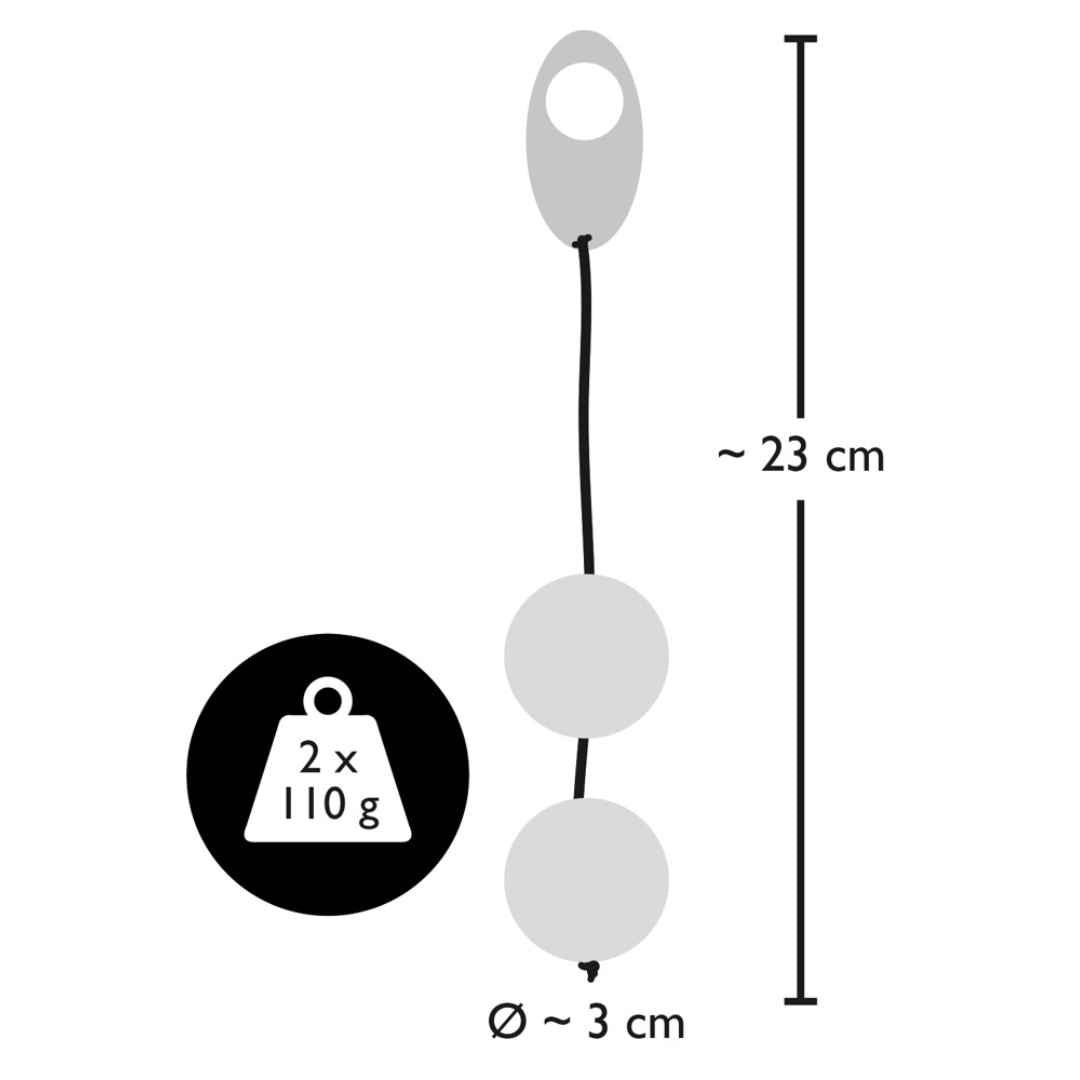 Grafische Darstellung: Zwei Kugeln, verbunden mit einem Band und einem Griff. Abmessungen: ca. 23 cm lang, Ø 3 cm.